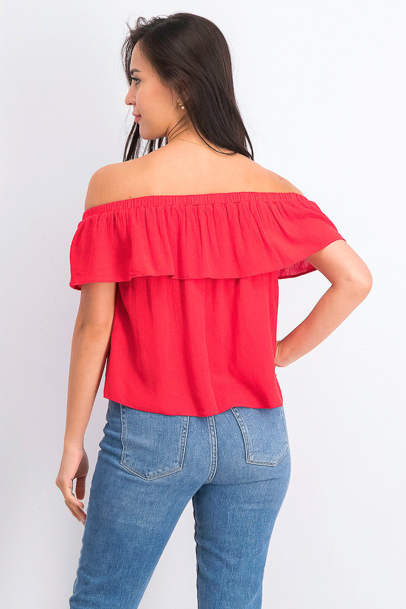 Women Ruffle Overlay Off Shoulder Top, Red