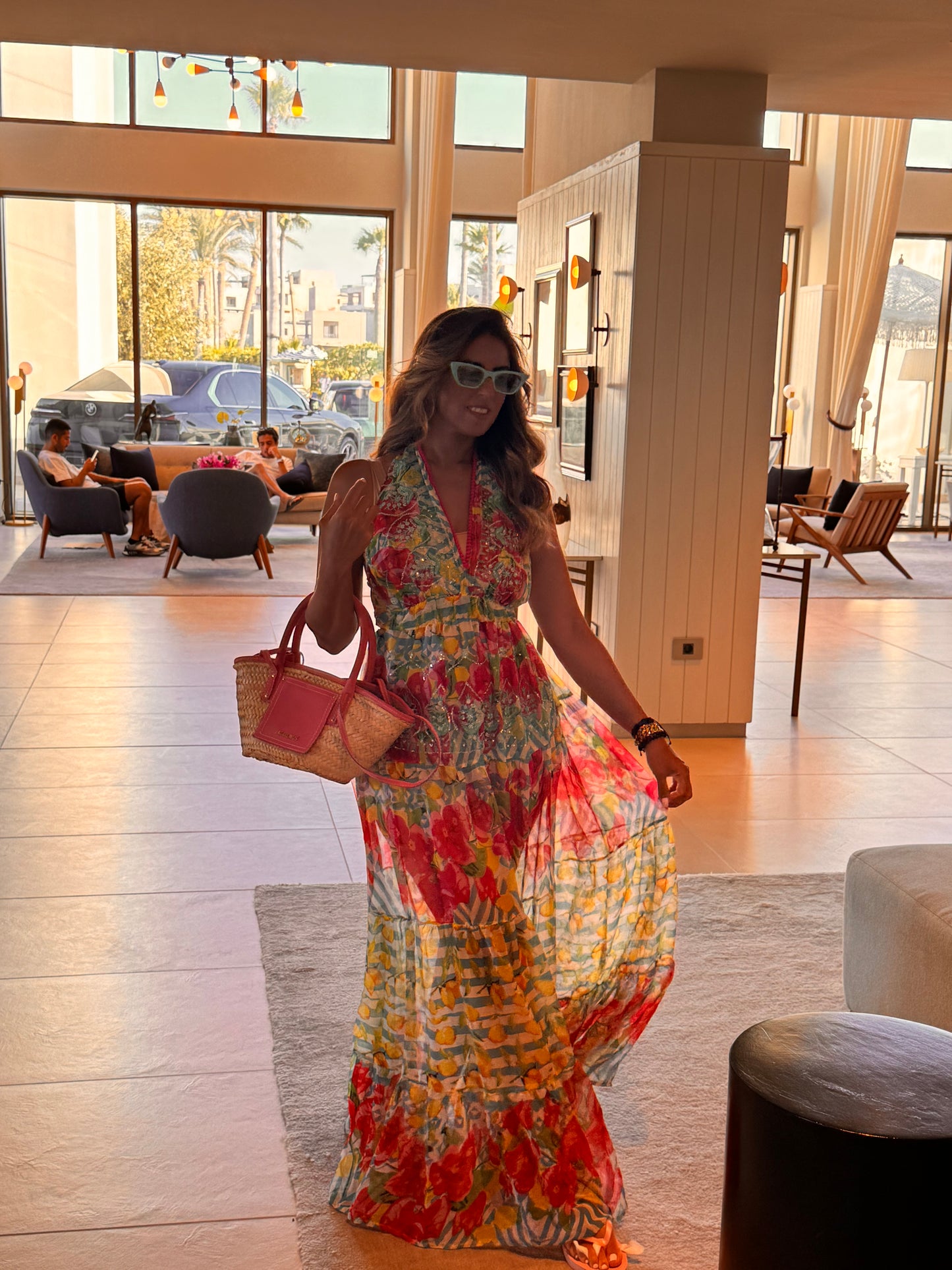 Pink green long chiffon dress