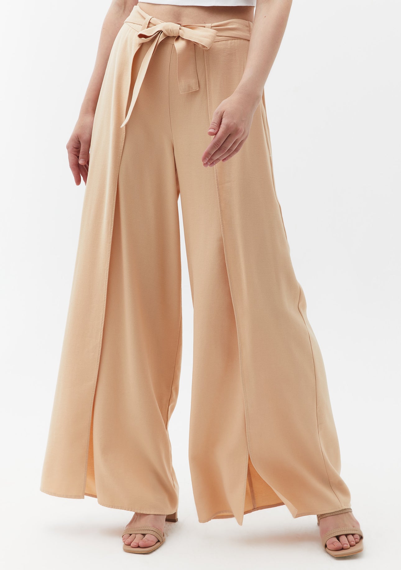 Beige Wide Leg Pants with Slit Detail