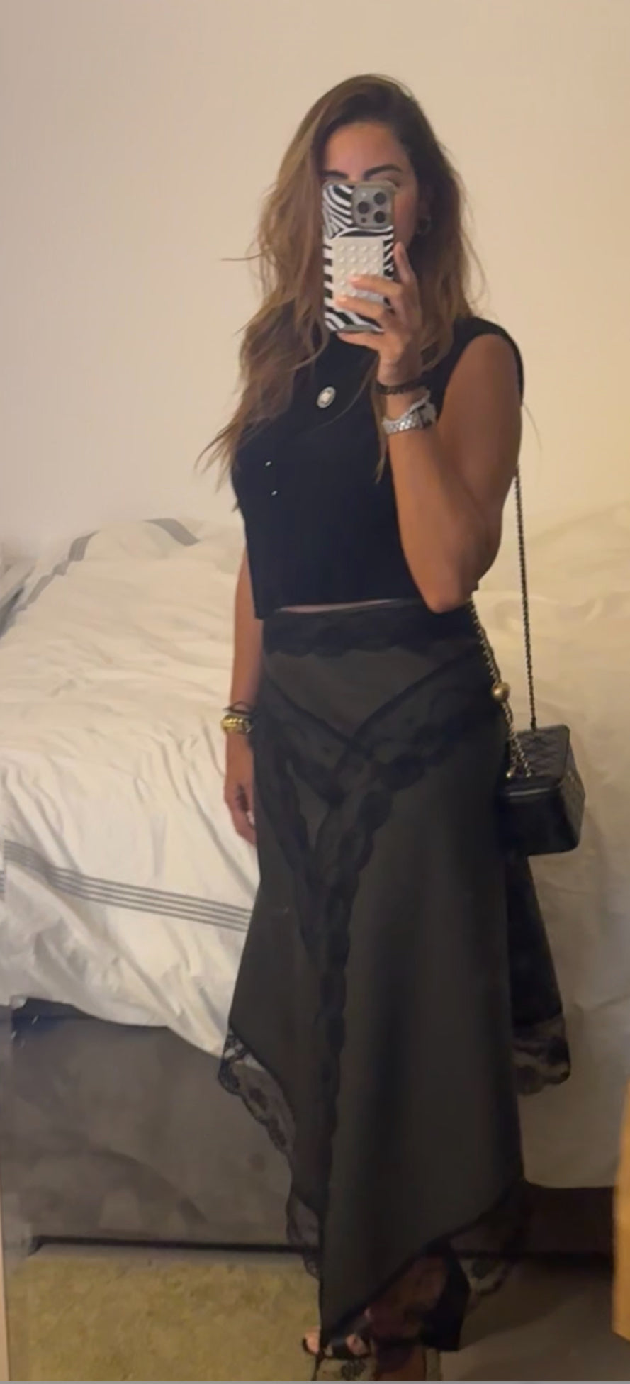 Lace detailed skirt with black top