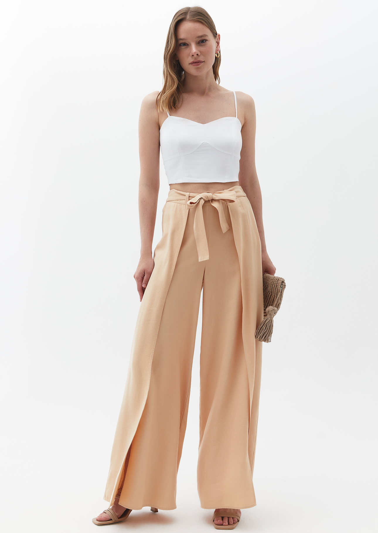 Beige Wide Leg Pants with Slit Detail