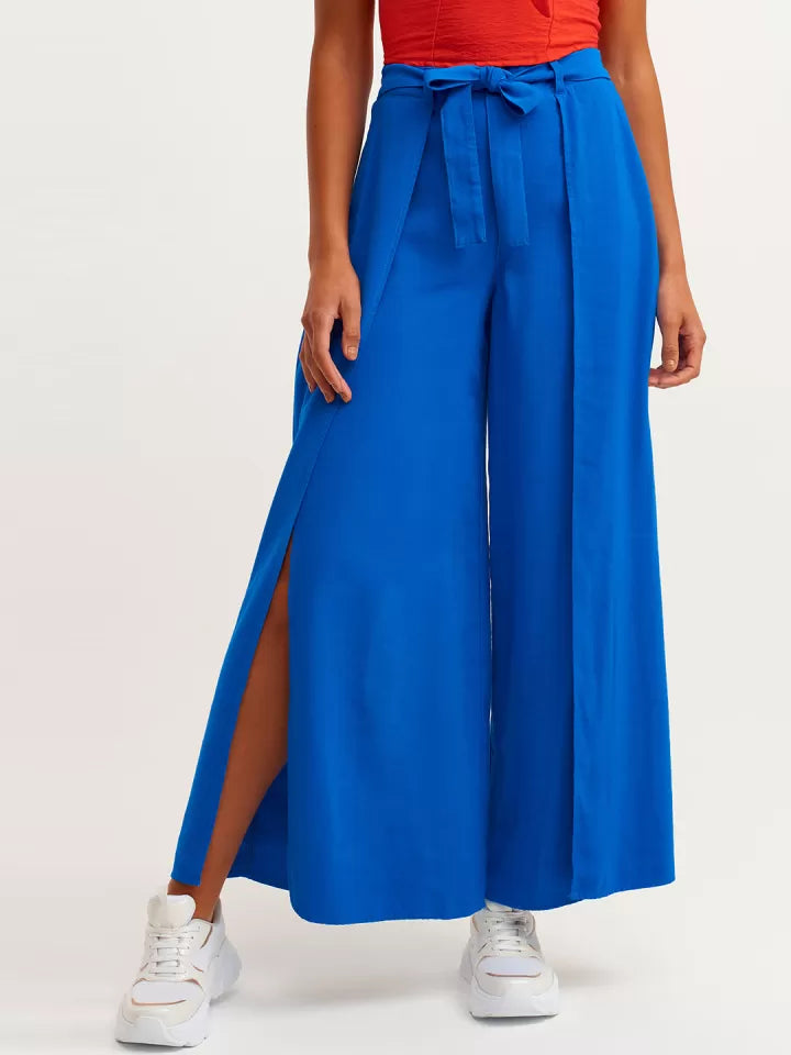 Blue Wide Leg Pants with Slit Detail