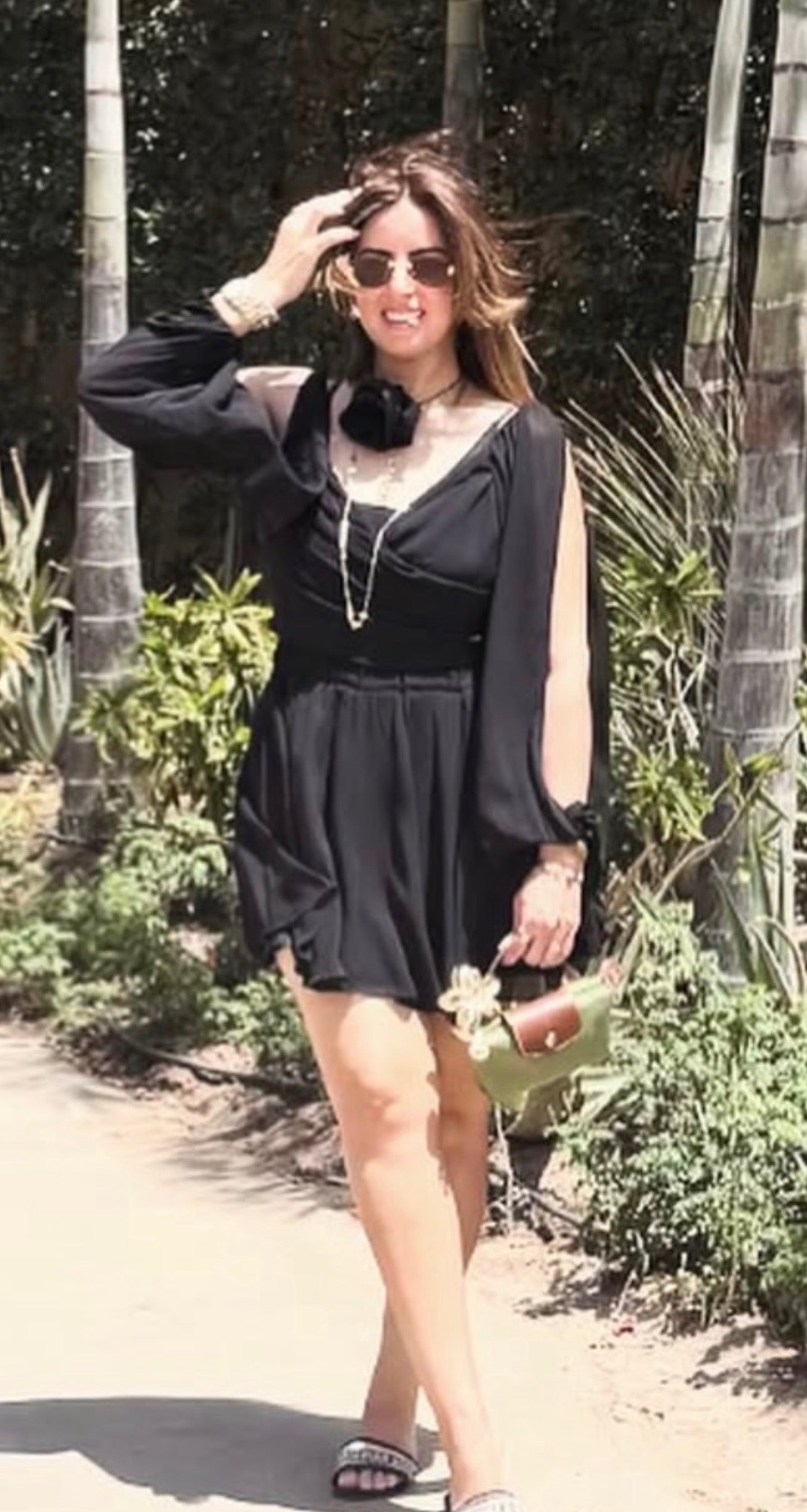 Black chiffon short dress with open sleeves