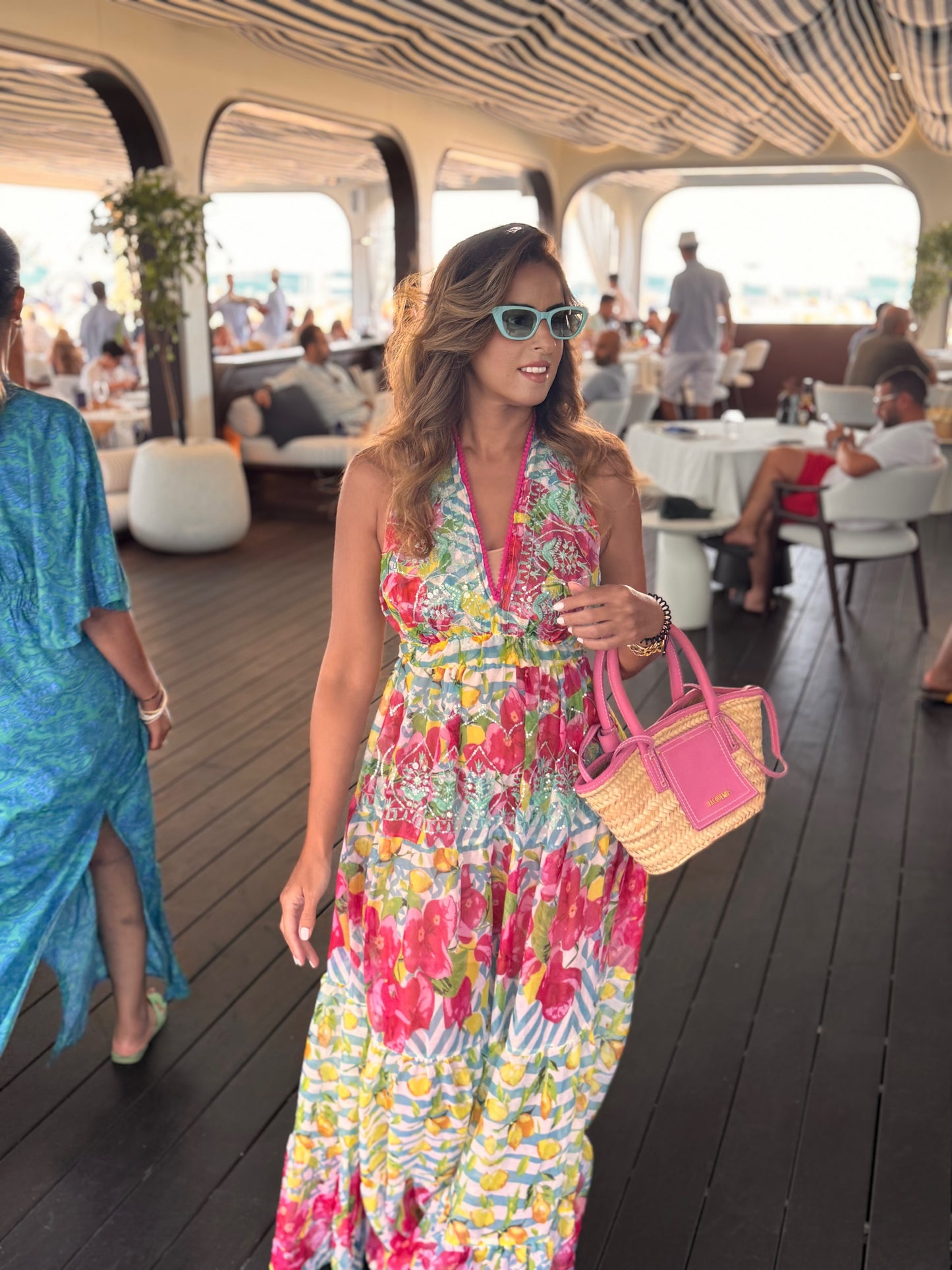 Pink green long chiffon dress
