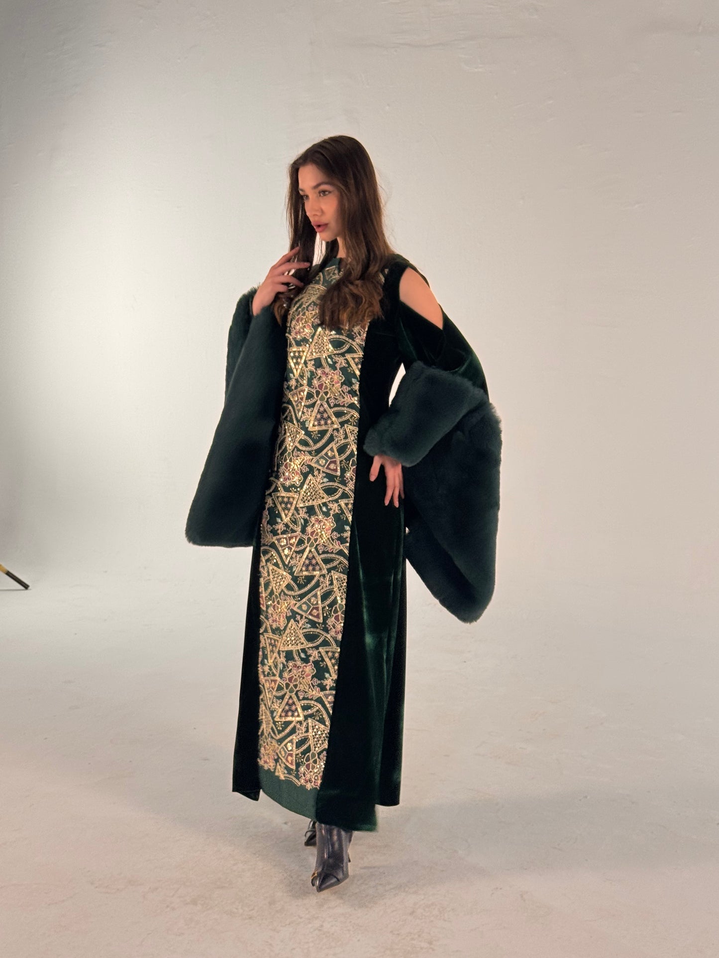 Sultana Green fur sleeves abaya dress