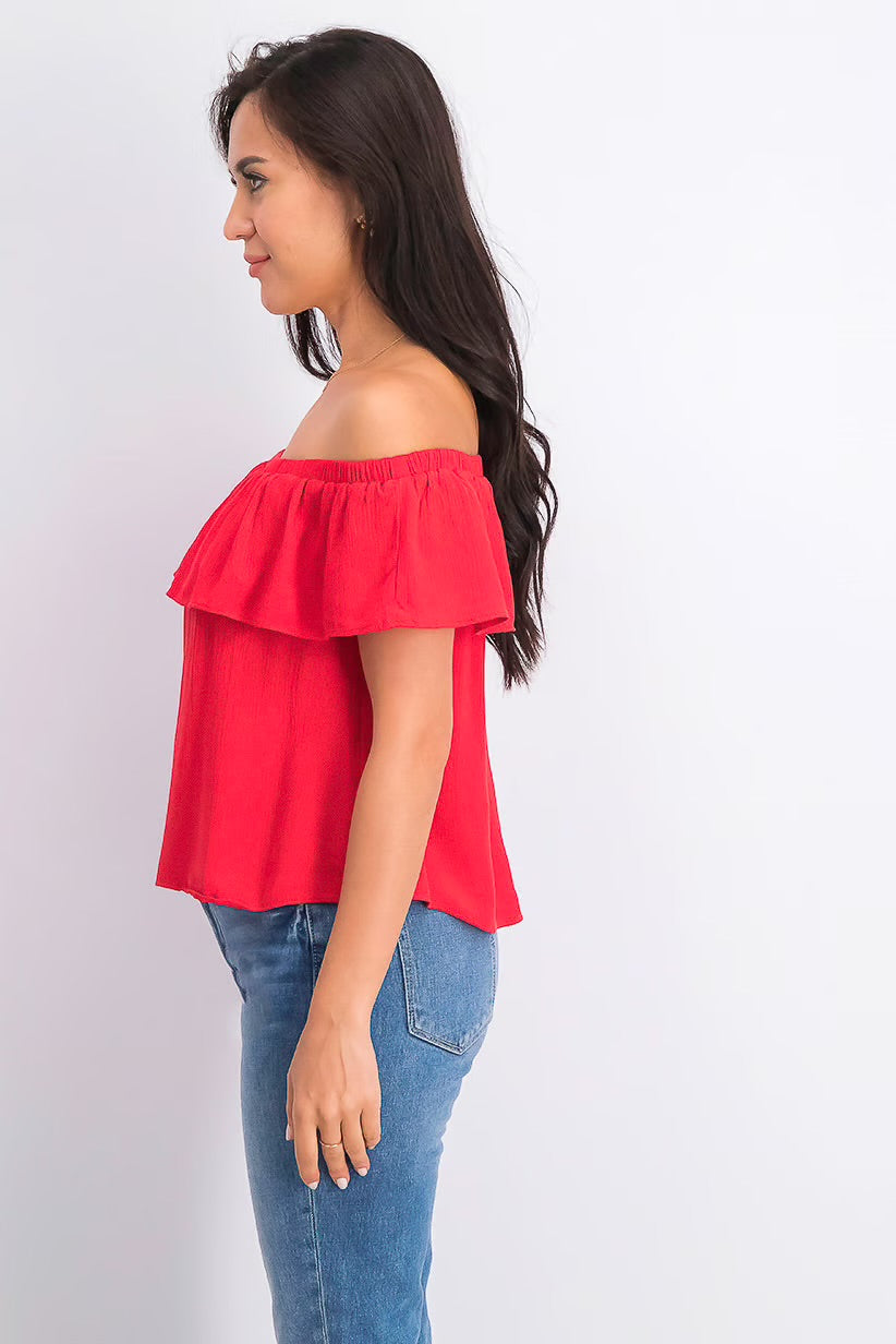 Women Ruffle Overlay Off Shoulder Top, Red
