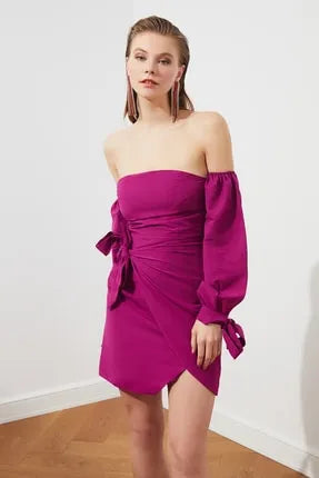 Fuchsia Off-Shoulder Wrap Dress – Bold & Chic