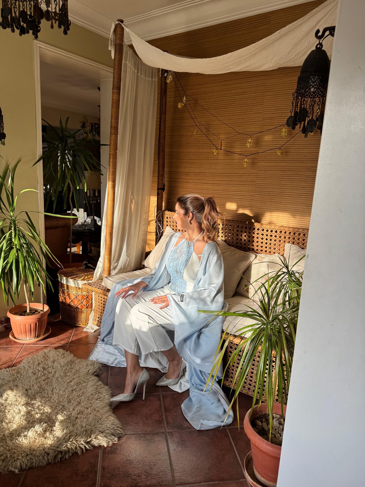 Light blue kaftan with white romper