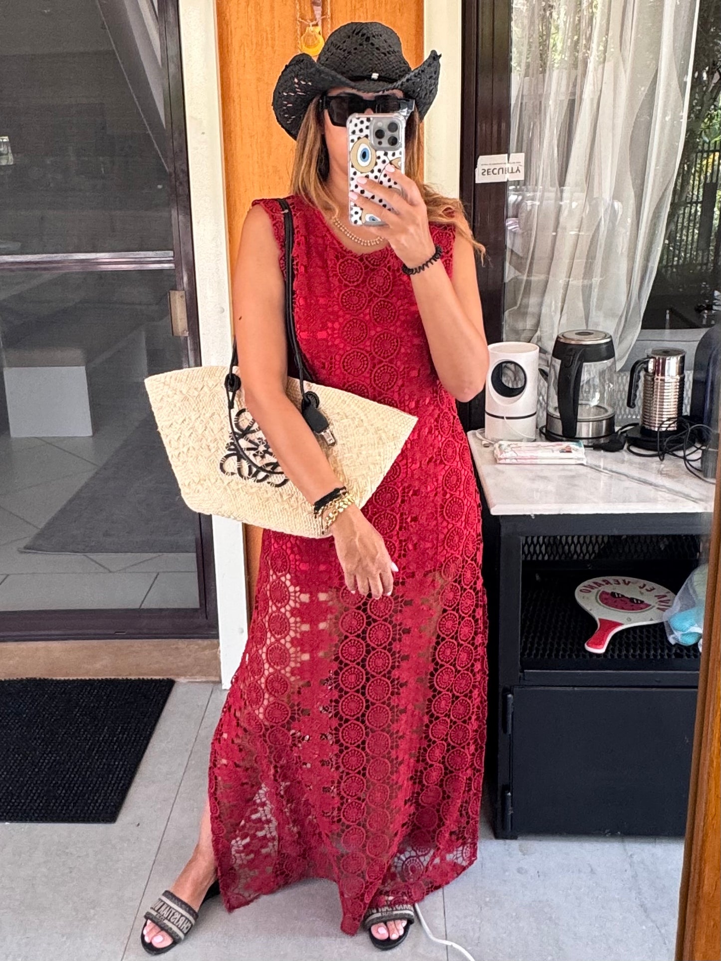 Burgundy crochet long dress
