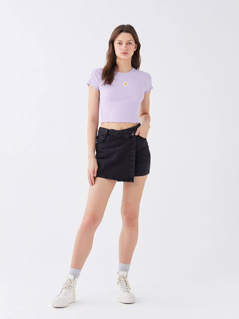 Wrapover waist denim skirt