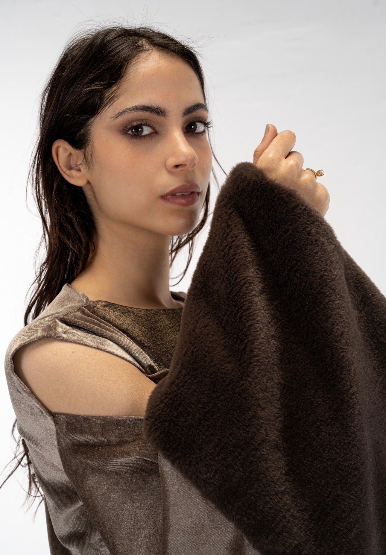 Brown fur sleeves abaya dress