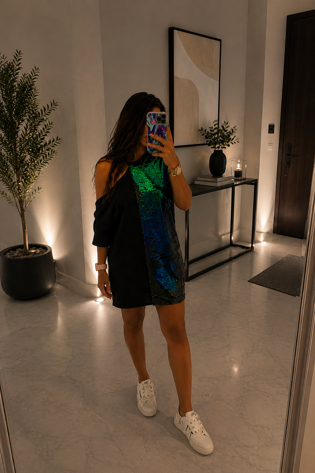 Emerald Glow Off-Shoulder Tee Dress