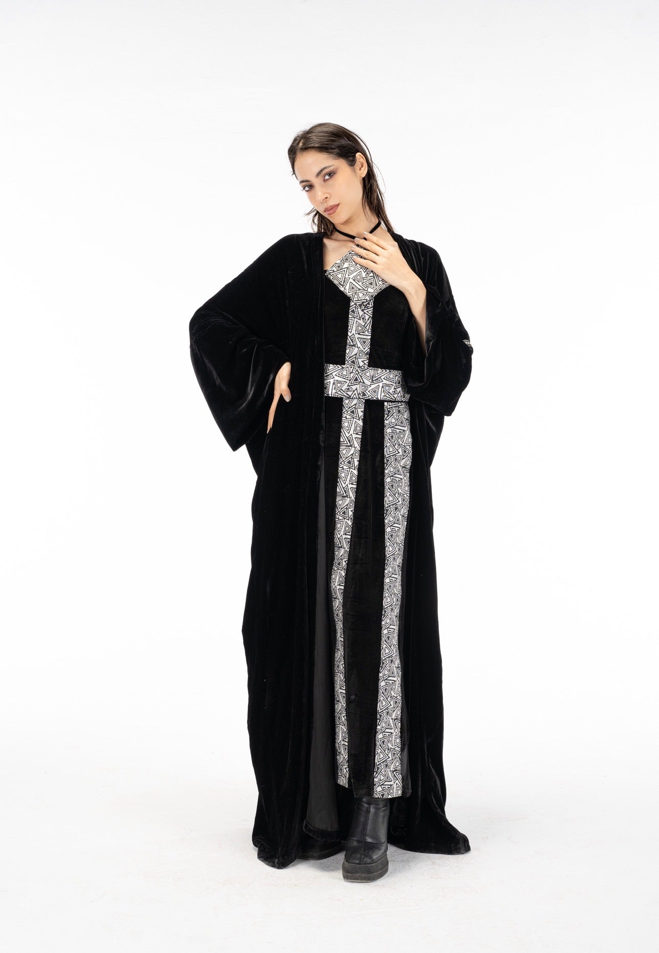 Black silver abaya dress set