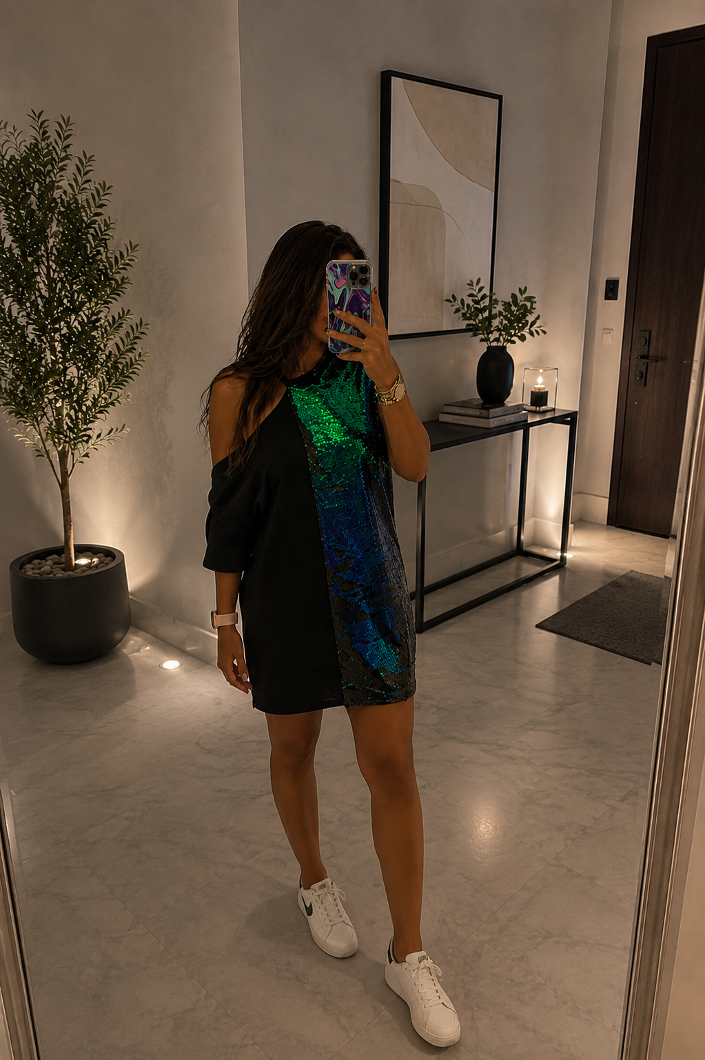 Emerald Glow Off-Shoulder Tee Dress