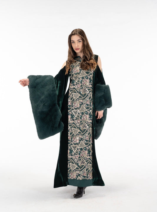 Sultana Green fur sleeves abaya dress