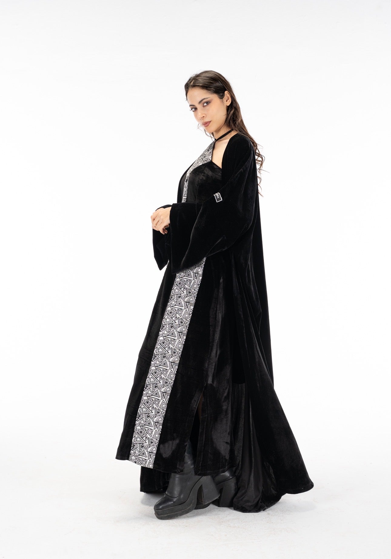 Black silver abaya dress set