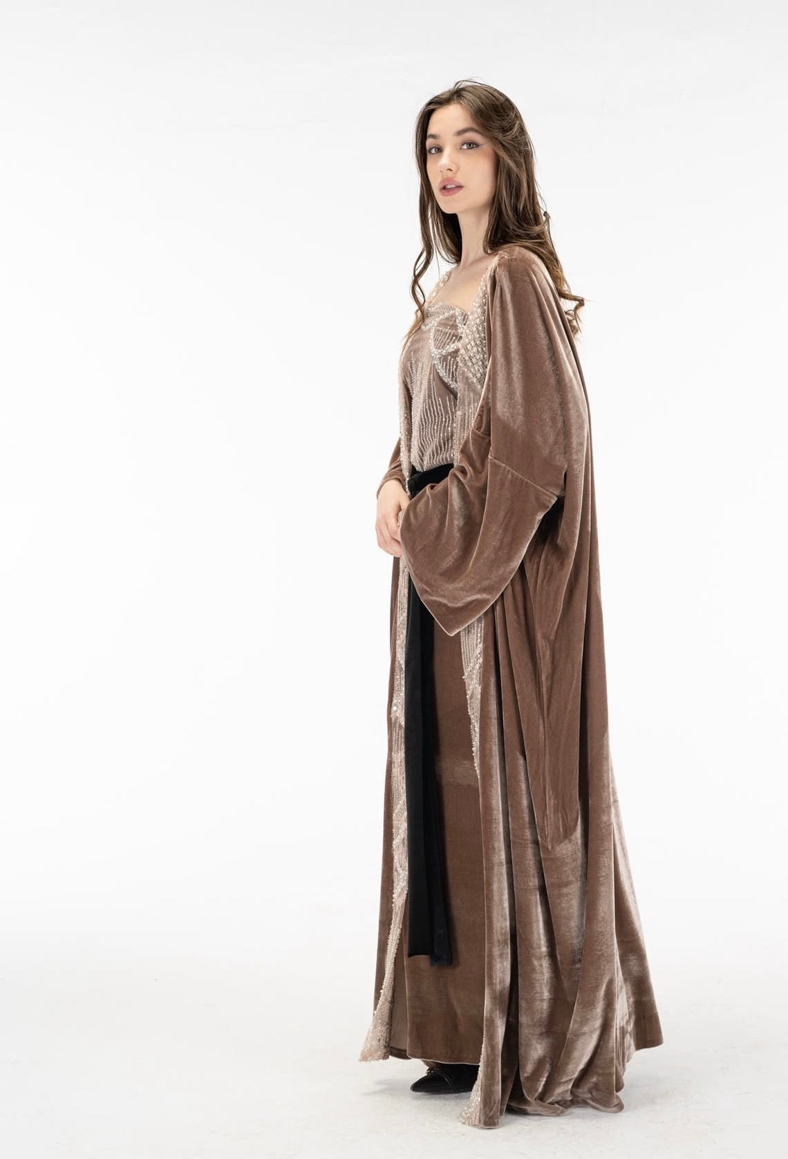 Nude cashmere dress with kuftan