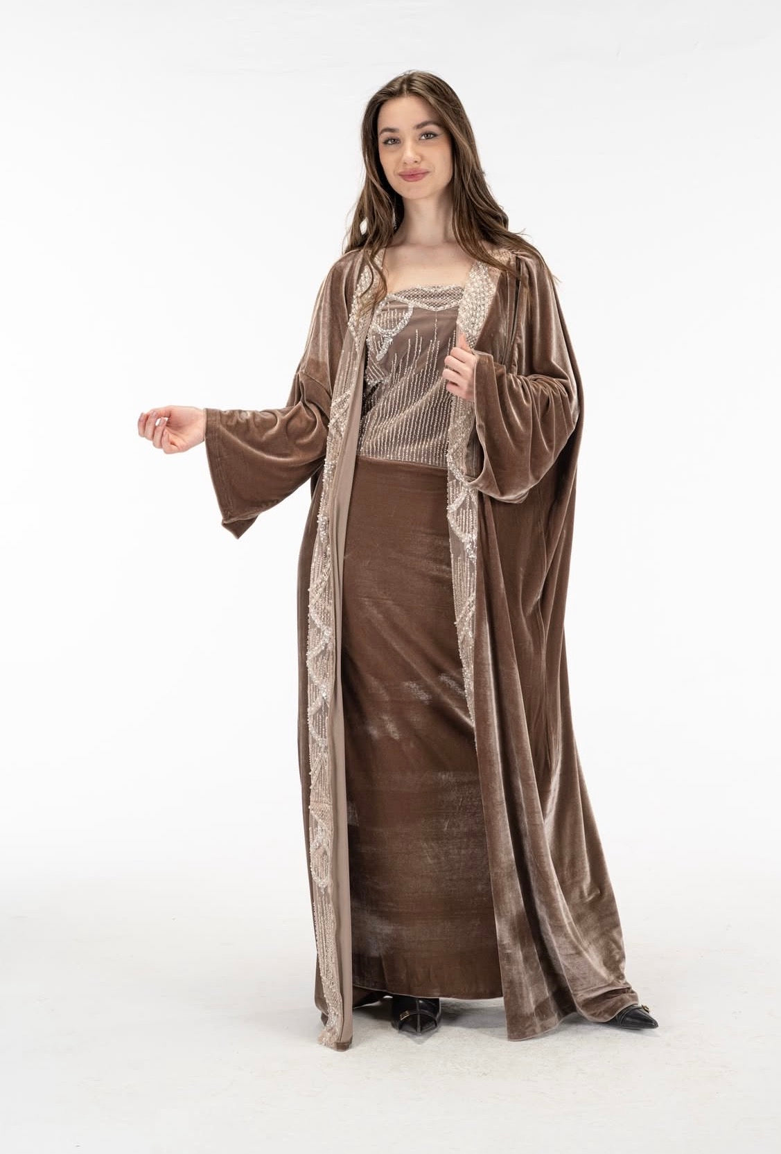 Nude cashmere dress with kuftan