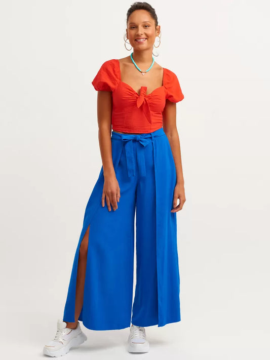 Blue Wide Leg Pants with Slit Detail