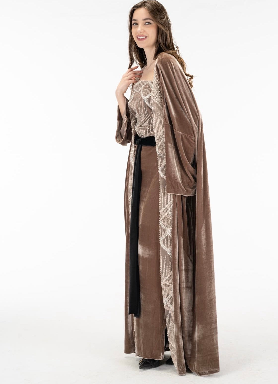 Nude cashmere dress with kuftan