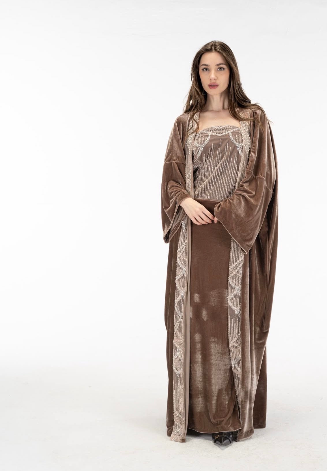 Nude cashmere dress with kuftan