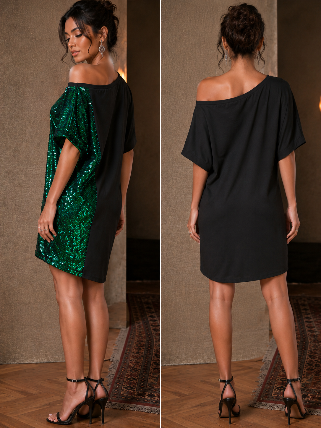Emerald Glow Off-Shoulder Tee Dress