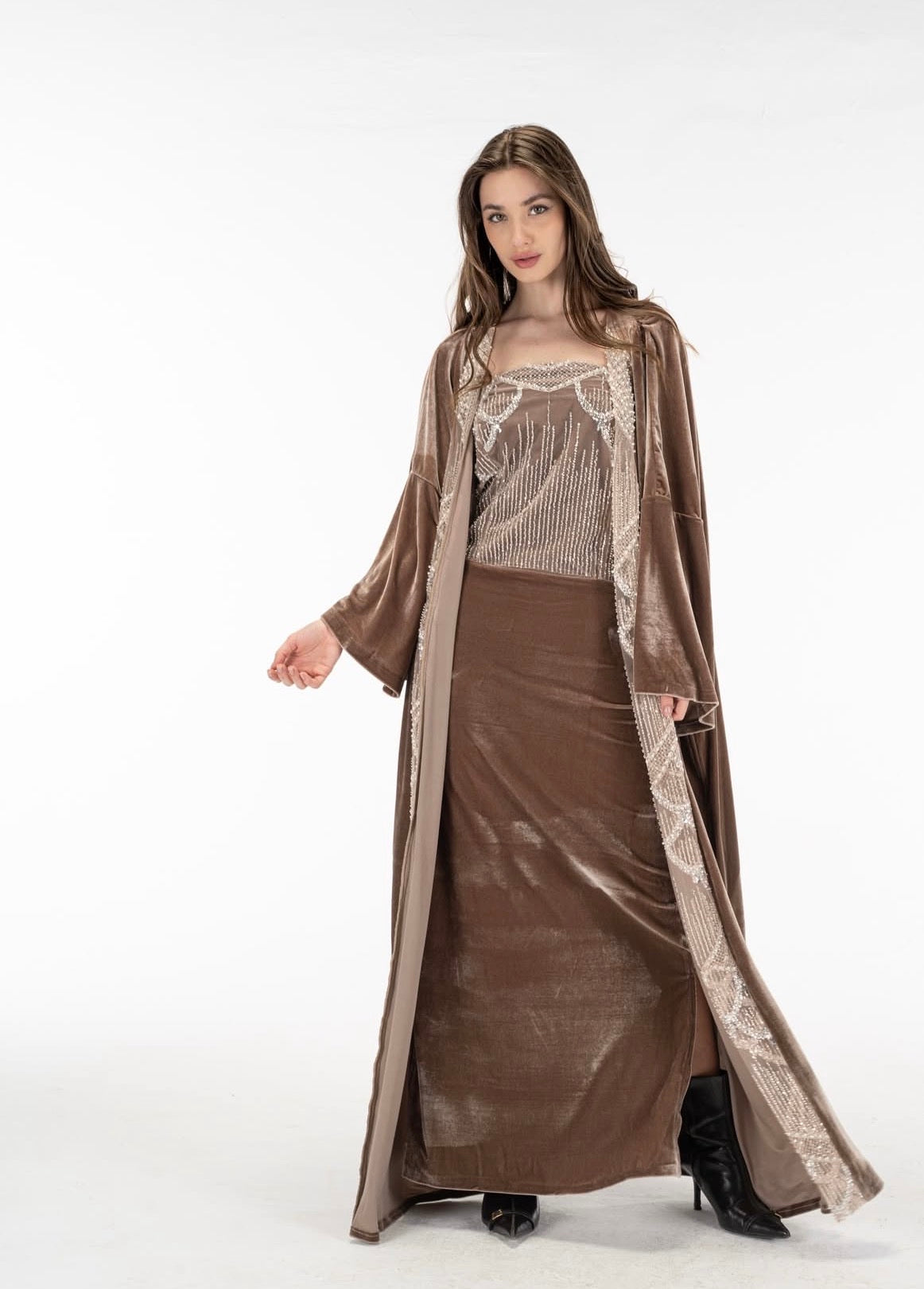Nude cashmere dress with kuftan