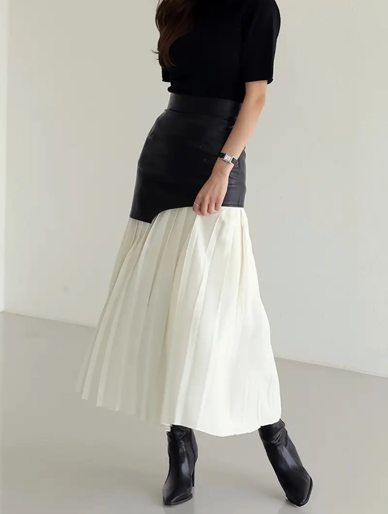 Black leather with white midi skirt