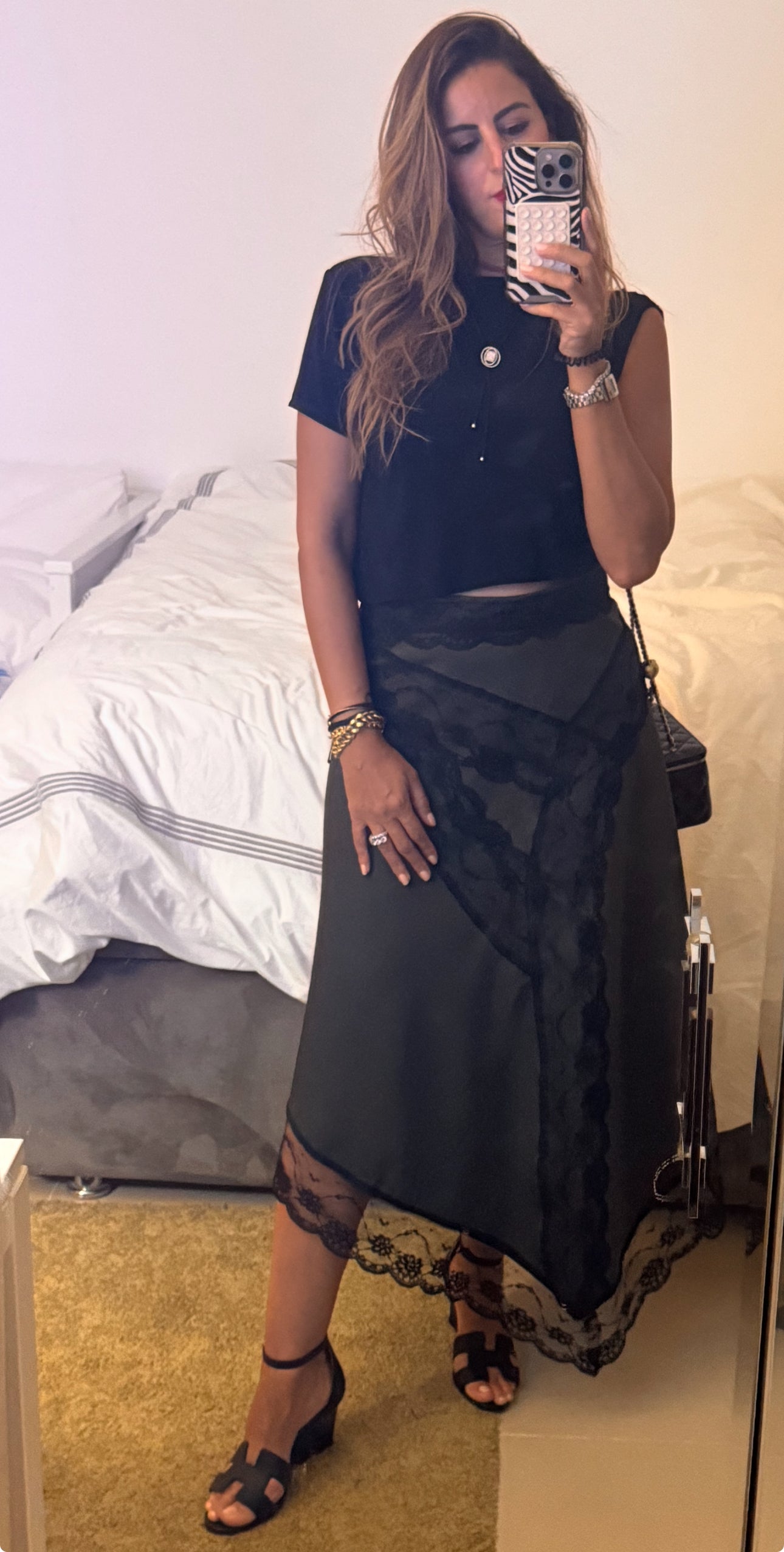 Lace detailed skirt with black top