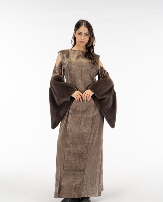 Brown fur sleeves abaya dress