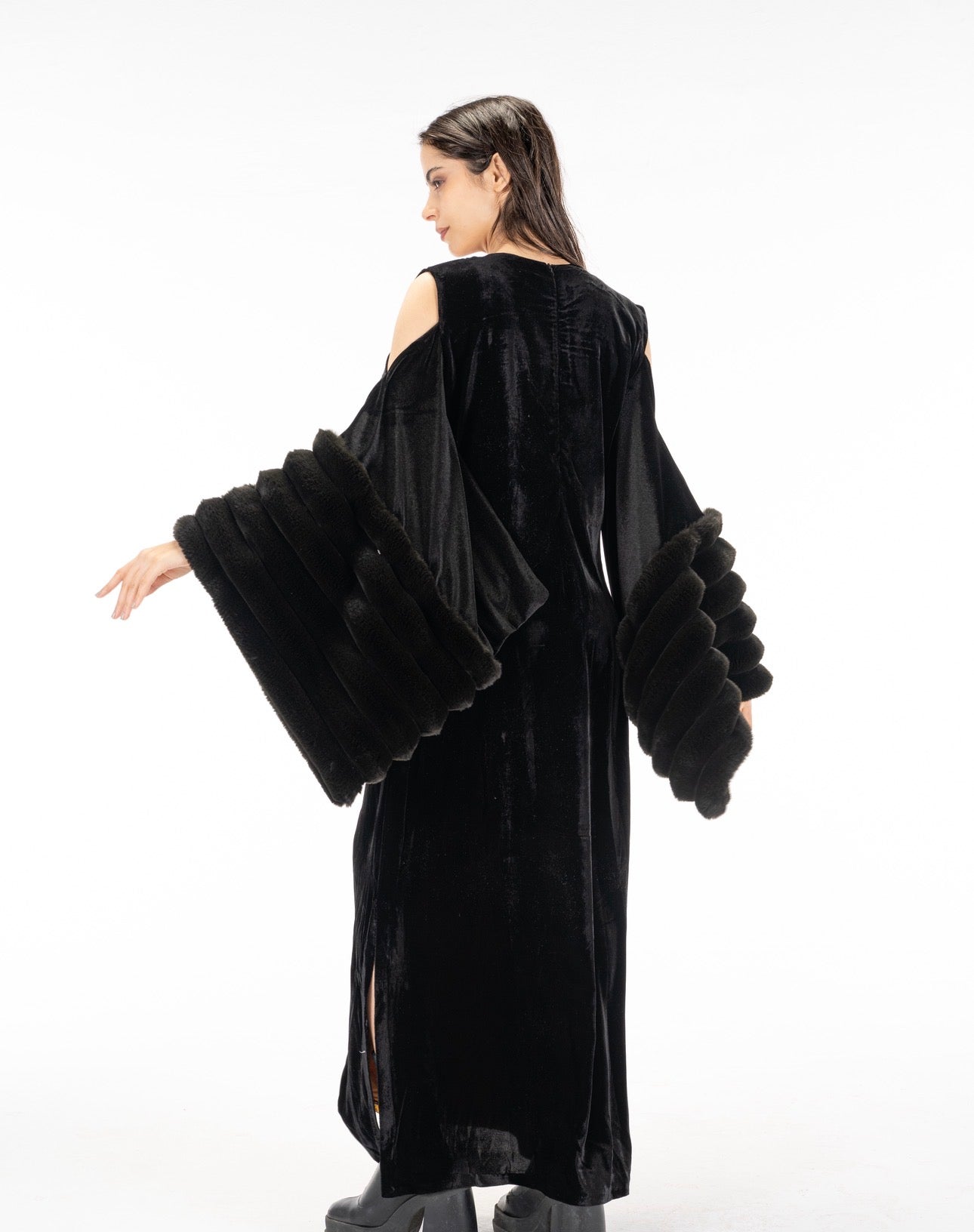 Black fur sleeves abaya dress
