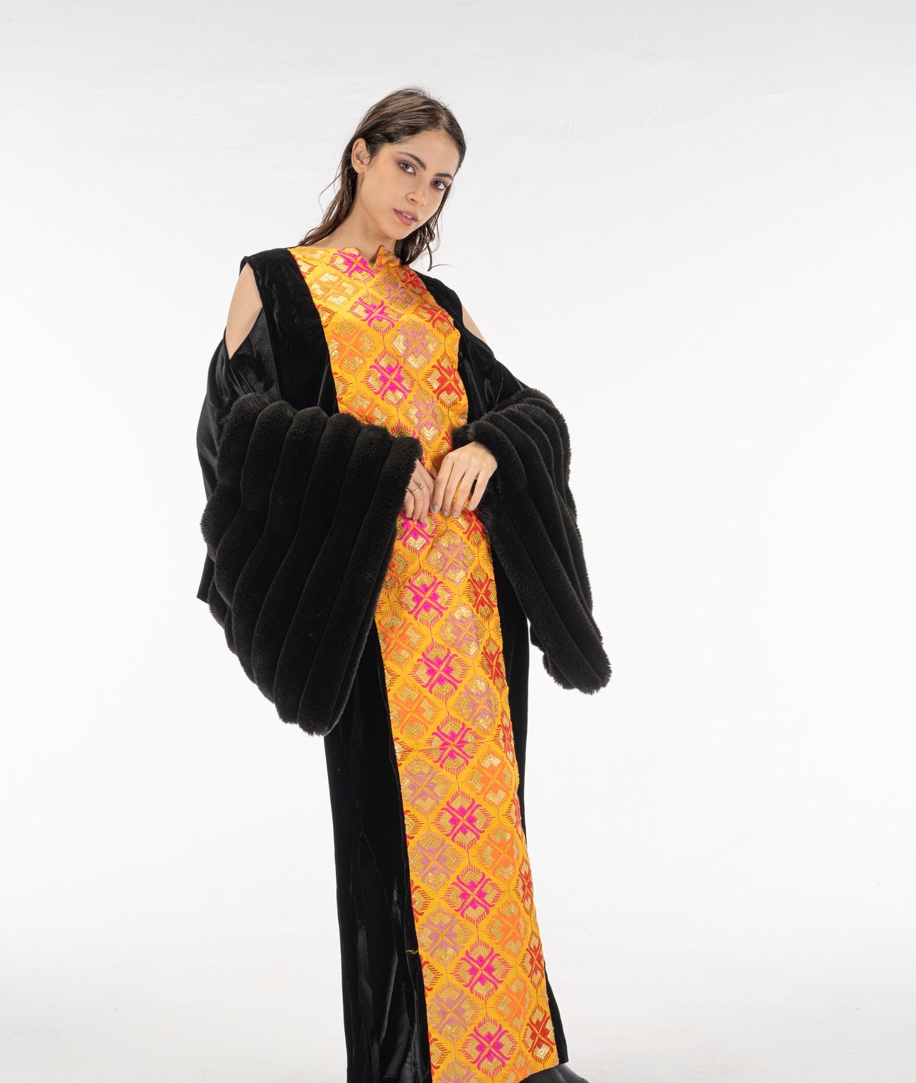Black fur sleeves abaya dress