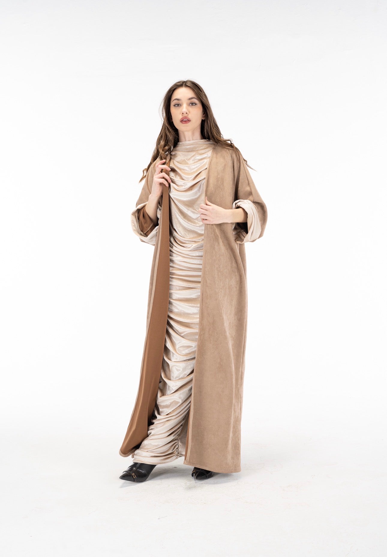 Suede kuftan with drapes velvet dress