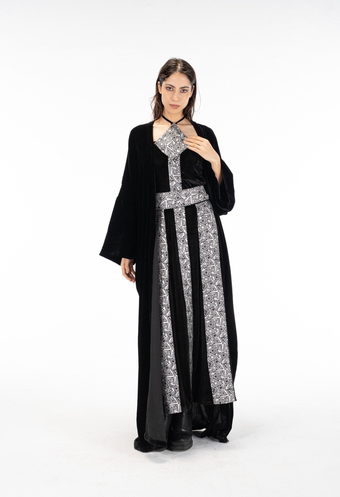 Black silver abaya dress set