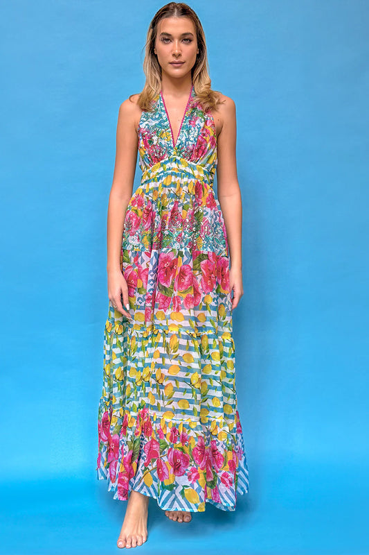 Pink green long chiffon dress