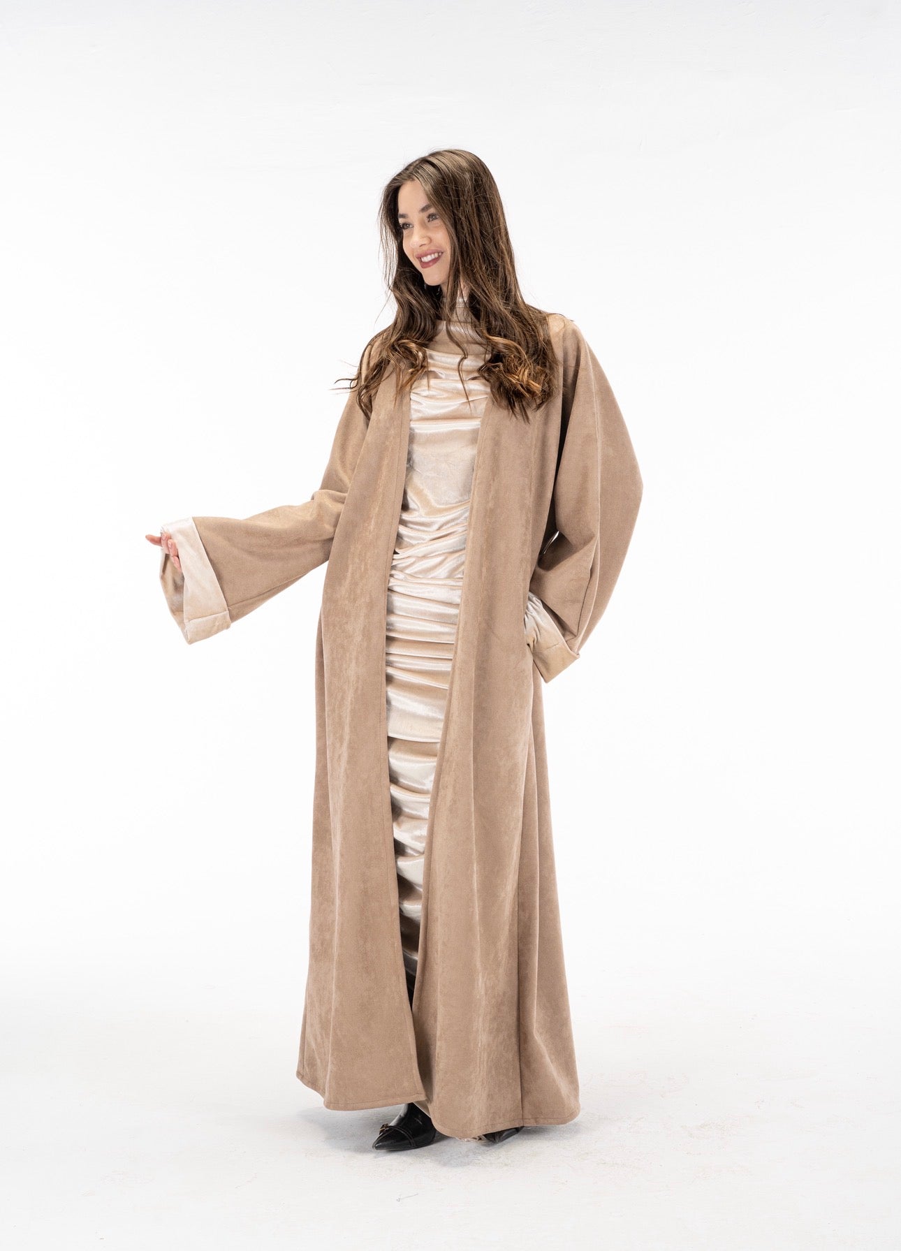 Suede kuftan with drapes velvet dress