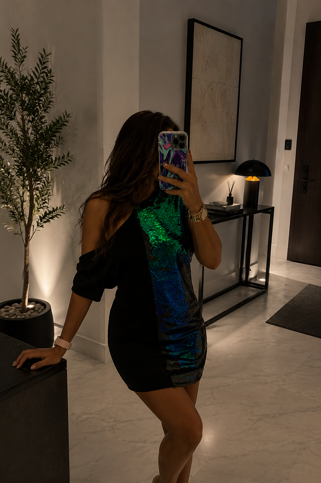 Emerald Glow Off-Shoulder Tee Dress