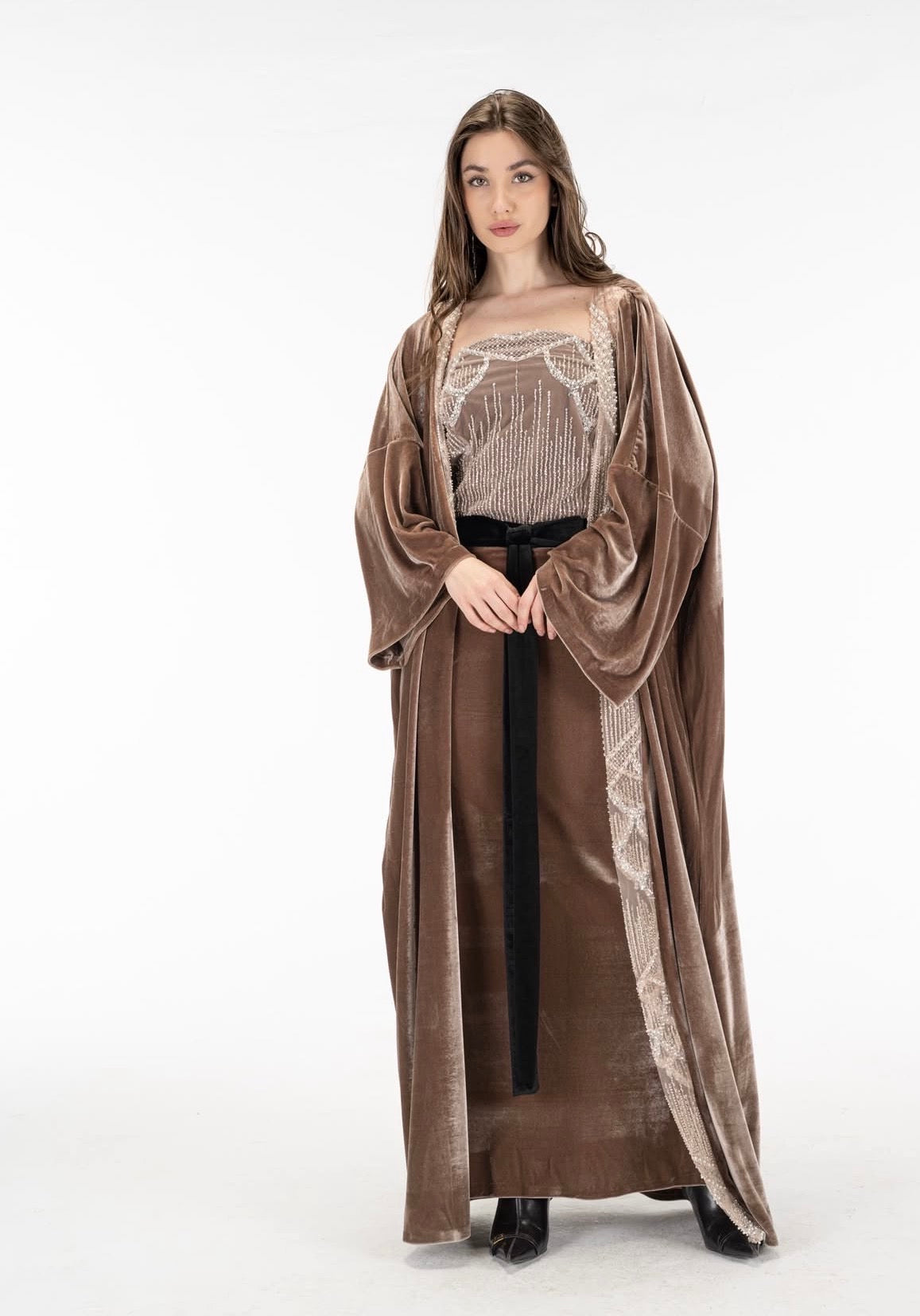 Nude cashmere dress with kuftan
