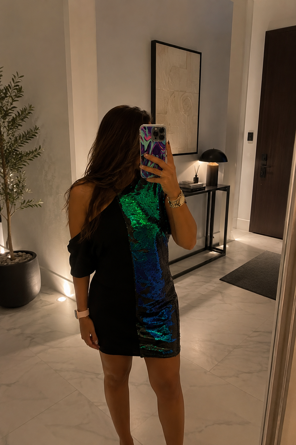 Emerald Glow Off-Shoulder Tee Dress