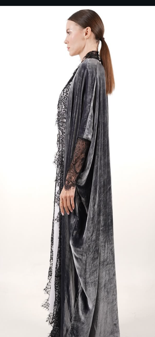Velvet dantel brown & grey kuftan