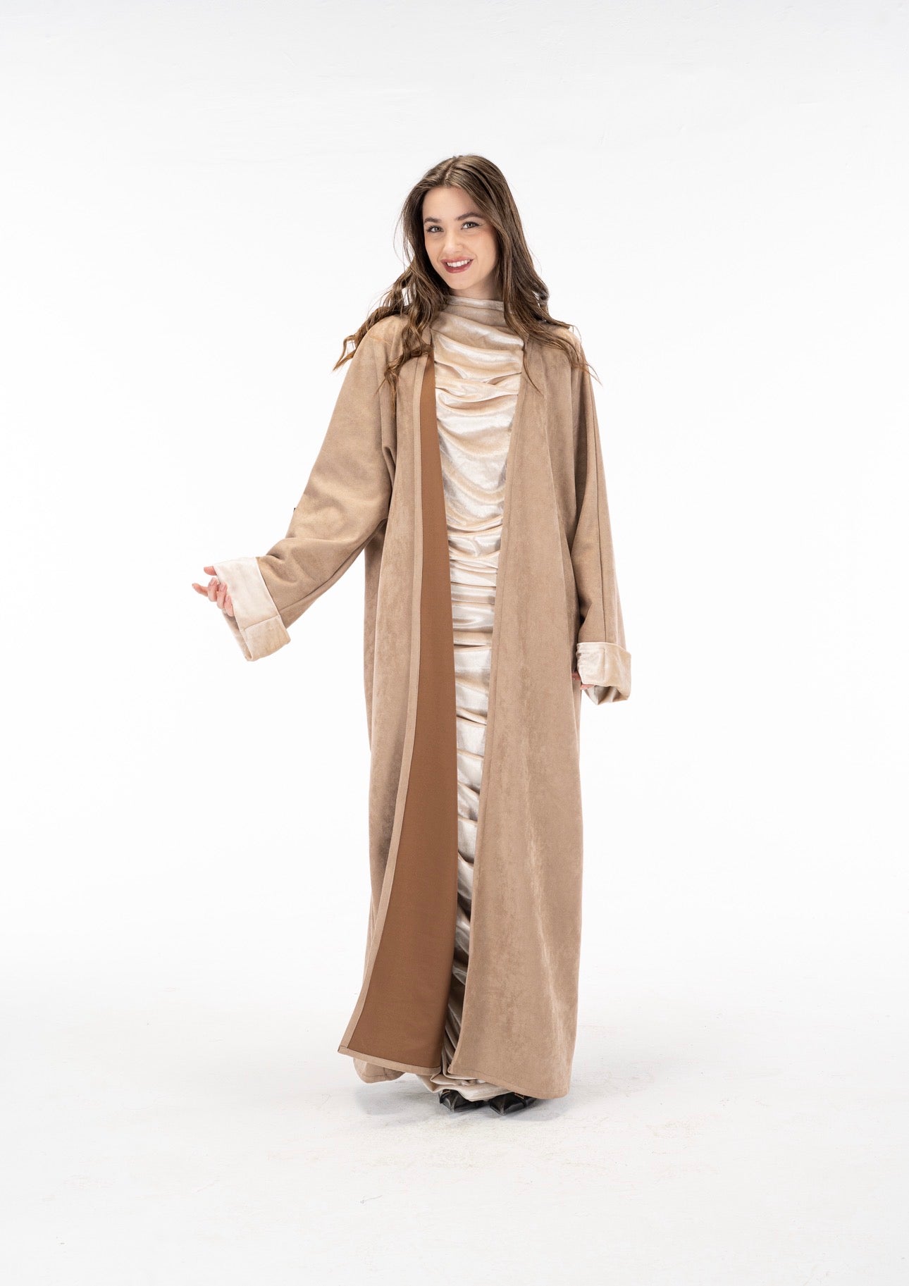 Suede kuftan with drapes velvet dress