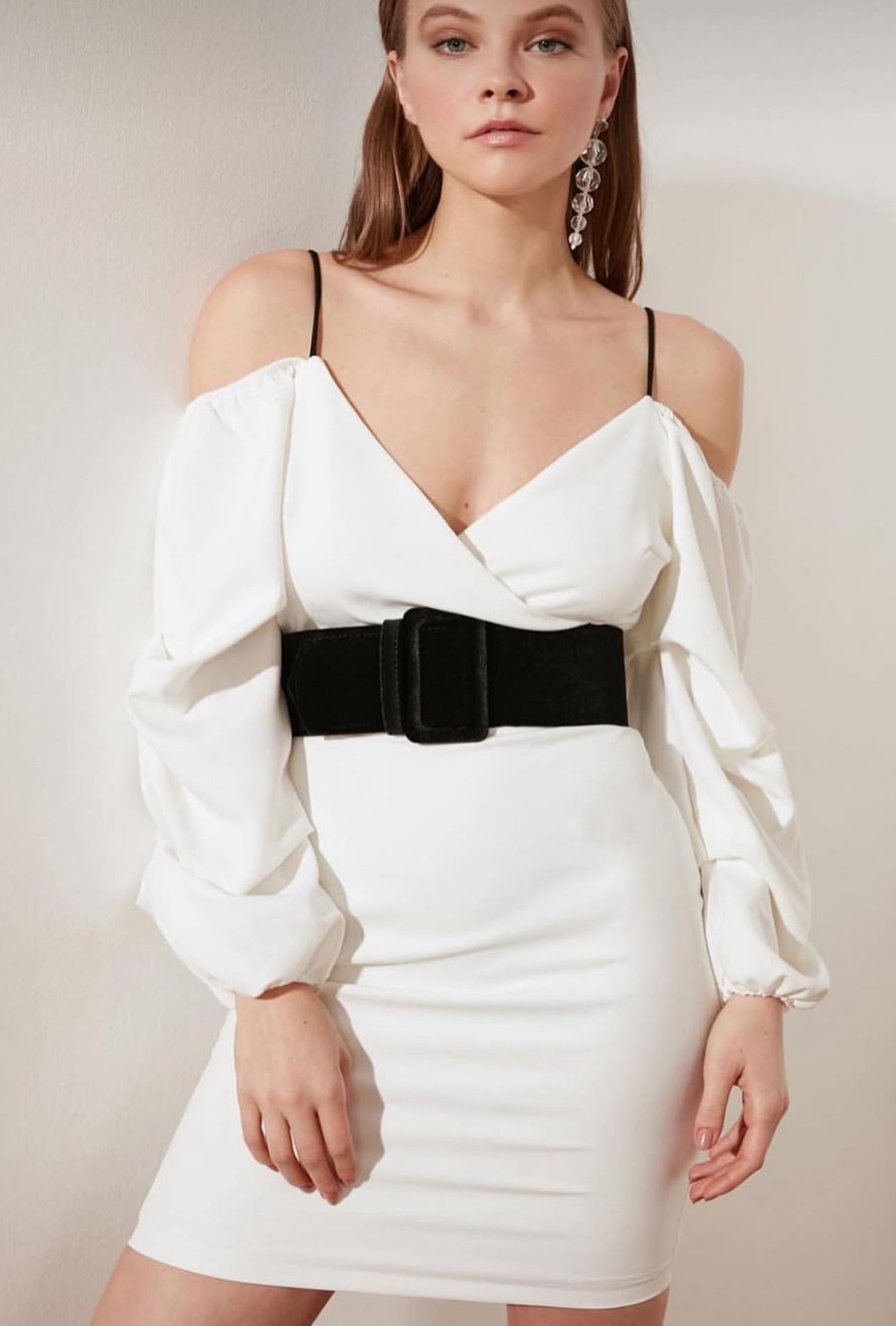 White dress with black velvet belt