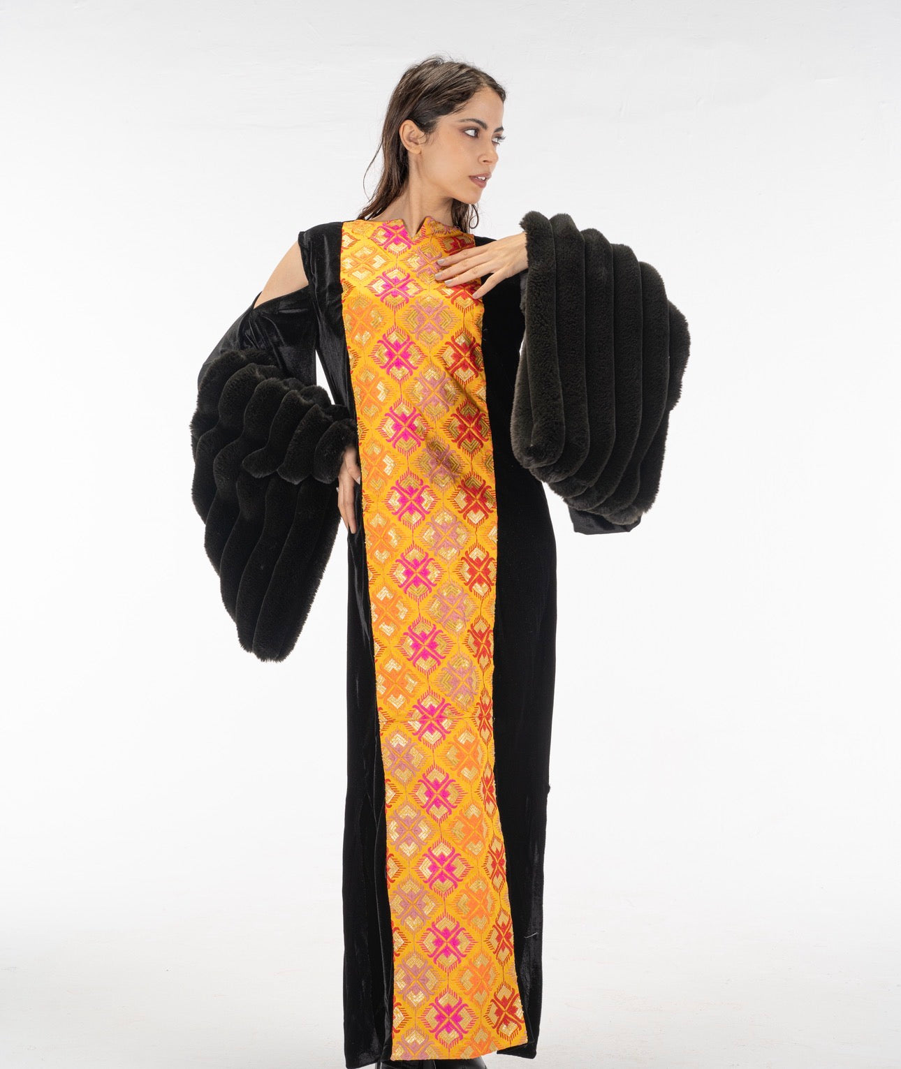 Black fur sleeves abaya dress