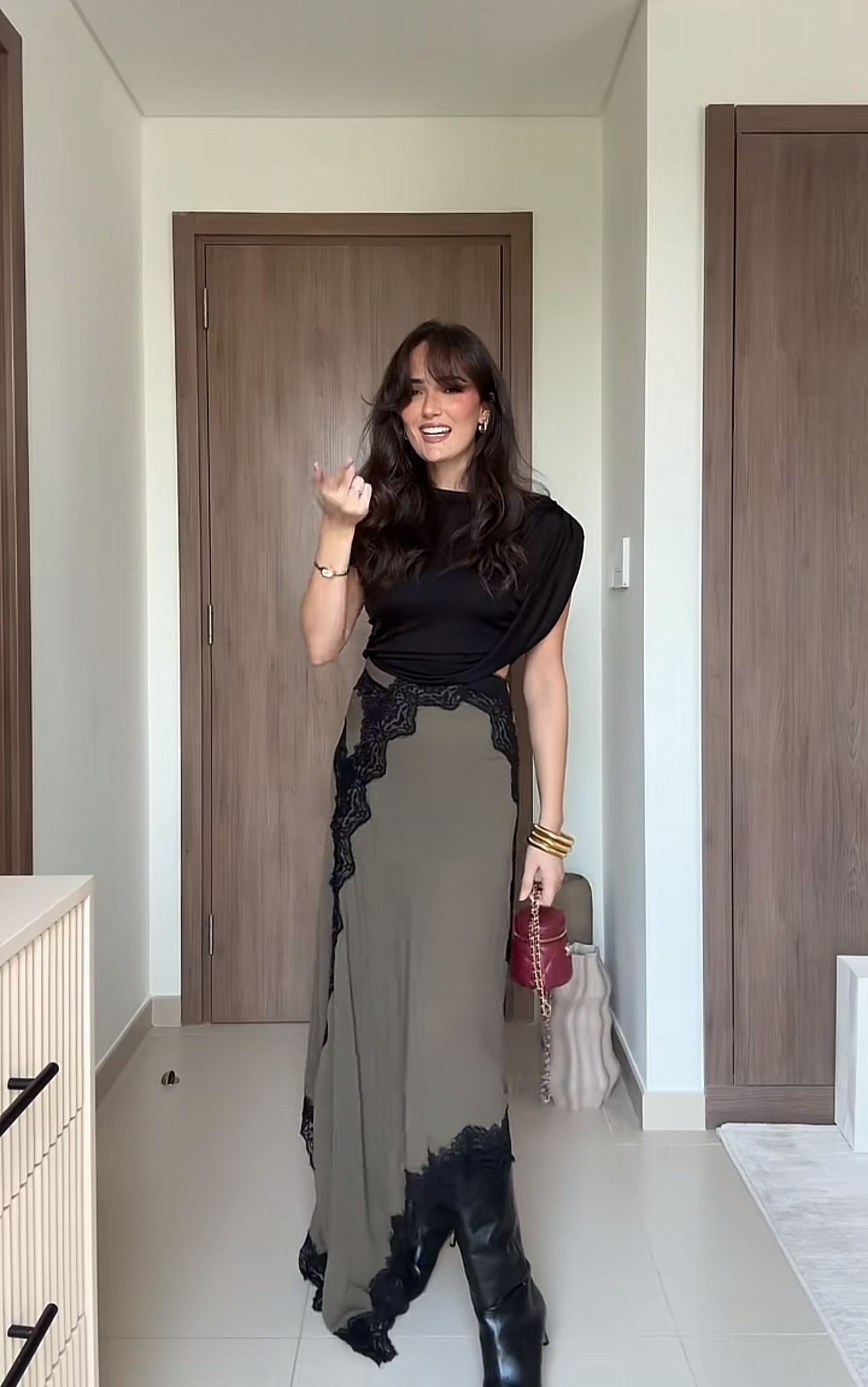 Lace detailed skirt with black top