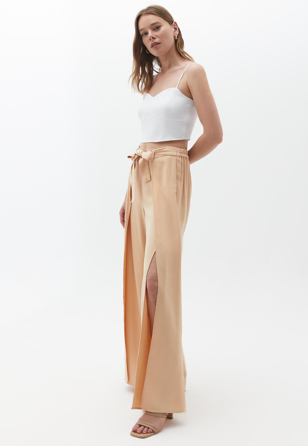 Beige Wide Leg Pants with Slit Detail