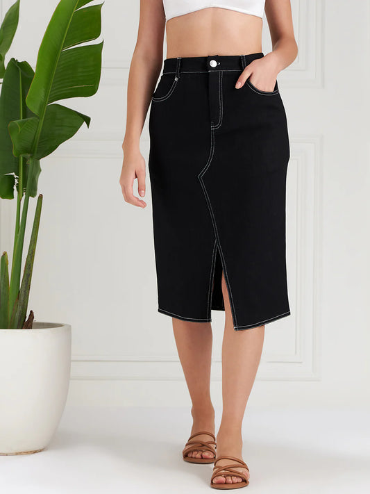 Black denim knee skirt