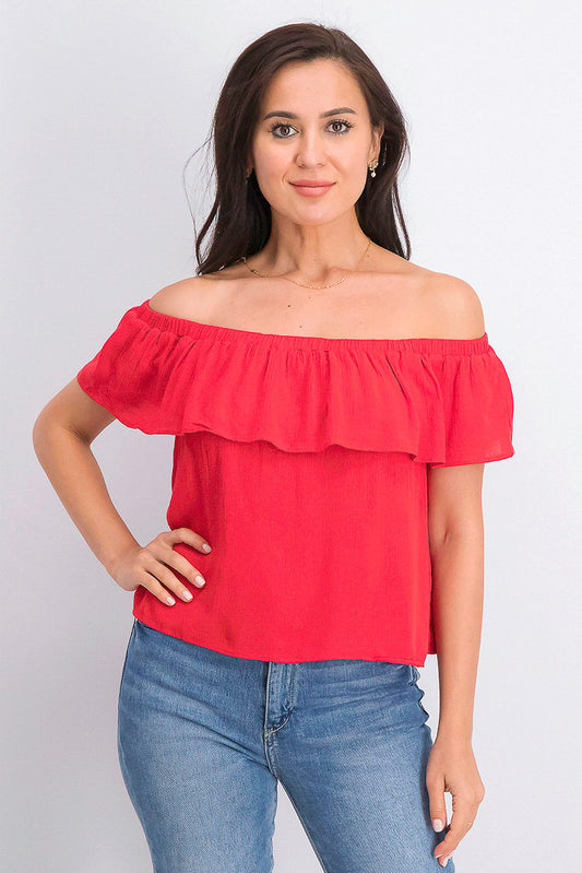 Women Ruffle Overlay Off Shoulder Top, Red