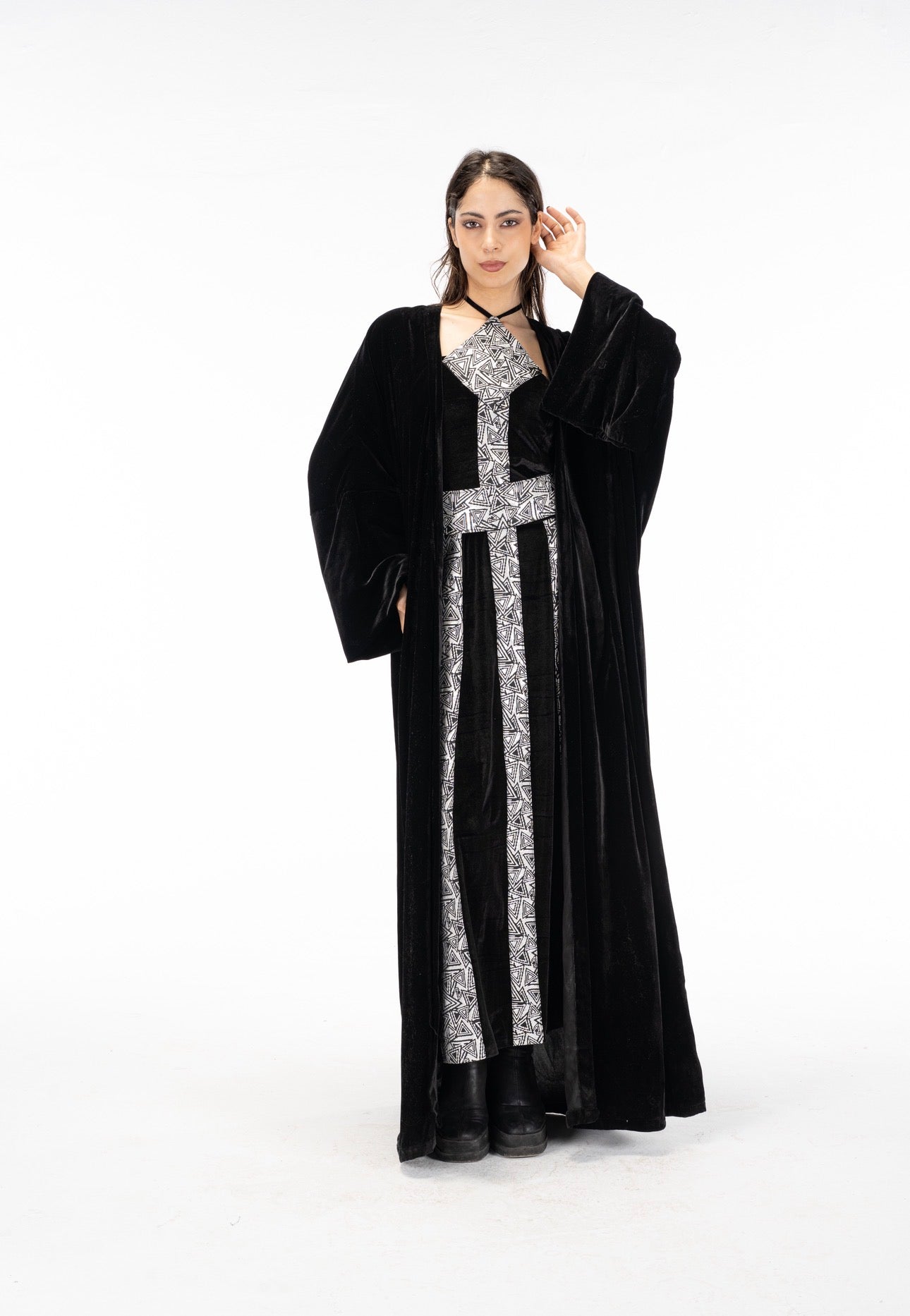 Black silver abaya dress set