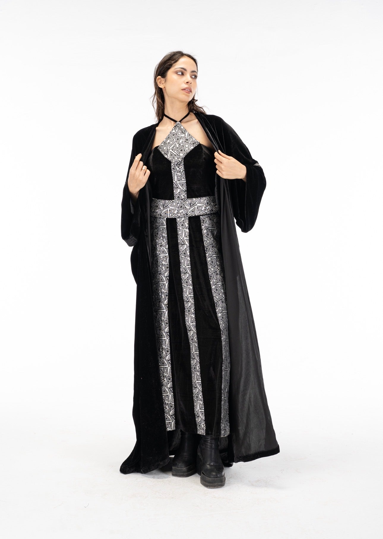 Black silver abaya dress set