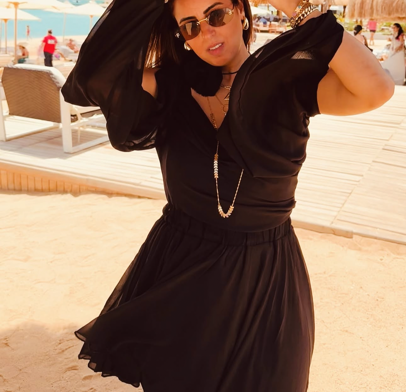 Black chiffon short dress with open sleeves